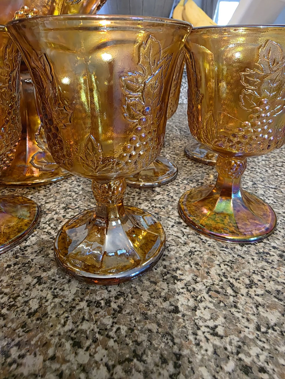 VTG Amber Indiana Glass Carnival Glass Grapes Compote Bowl + 6 Goblets Set